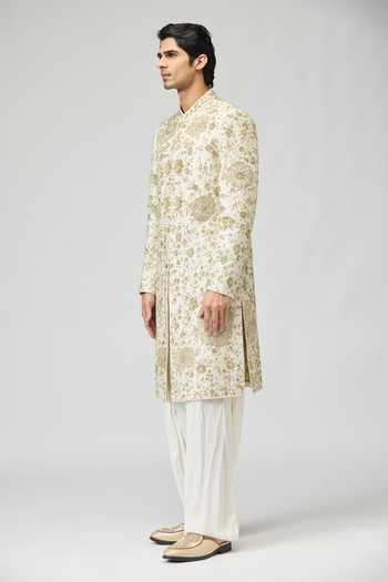 Shop_Varun Bahl_Cream Modal, Dupion Zari Embroidered Sherwani And Pant Set _Online_at_Aza_Fashions