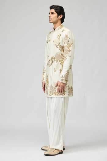 Varun Bahl_Ivory Modal, Dupion Embroidery, Zari Floral Sherwani _Online_at_Aza_Fashions