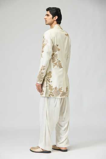 Shop_Varun Bahl_Ivory Modal, Dupion Embroidery, Zari Floral Sherwani _at_Aza_Fashions