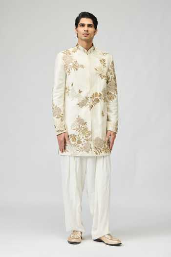 Buy_Varun Bahl_Ivory Modal, Dupion Embroidery, Zari Floral Sherwani _at_Aza_Fashions