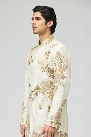 Buy_Varun Bahl_Ivory Modal, Dupion Embroidery, Zari Floral Sherwani _Online_at_Aza_Fashions