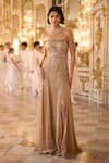 Buy_Seema Gujral_Gold Net Sequins, Crystals Off-shoulder And Embellished Gown _at_Aza_Fashions