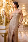 Shop_Seema Gujral_Gold Net Sequins, Crystals Off-shoulder And Embellished Gown _Online_at_Aza_Fashions