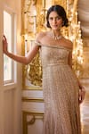 Seema Gujral_Gold Net Sequins, Crystals Off-shoulder And Embellished Gown _at_Aza_Fashions