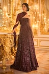 Buy_Seema Gujral_Wine Net Embroidery, Sequins, Crystals Bandeau Neck Embellished Gown 