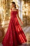 Buy_Seema Gujral_Red Net Sequins, Crystals Square Neck 3d Embroidered Gown _at_Aza_Fashions