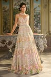 Buy_Seema Gujral_Pink Net Embroidery, Sequins, Beads, Pearls Sweetheart Neck, Floral Thread Gown _at_Aza_Fashions