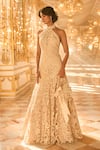 Buy_Seema Gujral_Beige Net Embroidery, Sequins, Pearls Halter Neck Abstract Gown _at_Aza_Fashions
