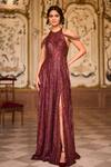 Buy_Seema Gujral_Maroon Net Sequins, Tassels Halter Neck Embellished Gown _at_Aza_Fashions