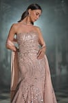 Seema Gujral_Rose Gold Net Embroidery, Mirrors Bandeau Neck Work Gown _Online_at_Aza_Fashions