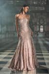 Buy_Seema Gujral_Rose Gold Net Embroidery, Mirrors Bandeau Neck Work Gown _at_Aza_Fashions