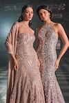 Shop Seema Gujral Grey Net Mirrors Halter Neck Work Gown Shop_Seema Gujral_Grey Net Mirrors Halter Neck Work Gown