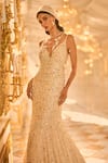 Seema Gujral_Ivory Net Pearls, Crystals Plunge Neck Embellished Gown _Online_at_Aza_Fashions