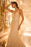 Buy_Seema Gujral_Ivory Net Pearls, Crystals Plunge Neck Embellished Gown _Online_at_Aza_Fashions