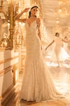 Buy_Seema Gujral_Ivory Net Pearls, Crystals Plunge Neck Embellished Gown _at_Aza_Fashions