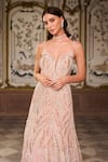 Buy_Seema Gujral_Rose Gold Net Sequins, Pearls Plunge Neck And Embroidered Gown _Online_at_Aza_Fashions
