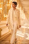 Shop_Seema Gujral_Ivory Suiting, Satin Embroidery, Beads Sherwani Pant Set _at_Aza_Fashions