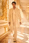 Buy_Seema Gujral_Ivory Suiting, Satin Embroidery, Beads Sherwani Pant Set _at_Aza_Fashions