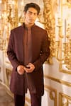 Seema Gujral_Wine Suiting Beads Embroidered Sherwani Set _Online_at_Aza_Fashions
