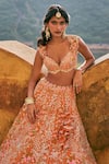 Shop_Anushree Reddy_Orange Organza Embroidery, Sequins V-neck Kamya Floral Bridal Lehenga Set 
