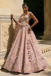 Shop_Anushree Reddy_Pink Organza Embroidery V-neck Utsa Thread Lehenga Set With Dupatta _at_Aza_Fashions
