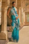 Shop_Anushree Reddy_Blue Organza Zari Advika Border Embroidered Saree And Unstitched Blouse Piece _at_Aza_Fashions