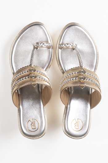 Shop_PREET KAUR_Gold Buckles Dull Two Tone Kolhapuri Wedges _at_Aza_Fashions