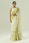 Buy_Shwetanga_Olive Green Organza Lace, Applique, Pre-draped Saree With Embroidered Blouse _at_Aza_Fashions