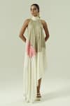 Shwetanga_Ivory Organza, Crepe Sequins, Beads, Zari, Mirrors Halter Embellished Dress _Online_at_Aza_Fashions