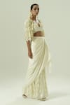 Shwetanga_Ivory Organza, Georgette, Crepe, Satin Pearls, Lace Embellished Cape Skirt Set _Online_at_Aza_Fashions