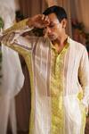 Shwetanga_Ivory Organza, Linen, Viscose Beads, Pearls Embroidered Kurta And Pant Set _at_Aza_Fashions