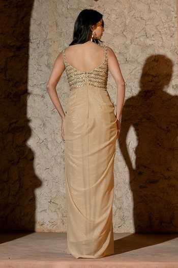 Shop_Silky Bindra_Gold Organza, Georgette, Shantoon Embroidery, Sequins V-neck Thiana Draped Gown _at_Aza_Fashions