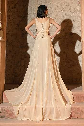 Shop_Silky Bindra_Gold Organza, Shantoon Sequins Square Neck Elea Trail Skirt Set _at_Aza_Fashions