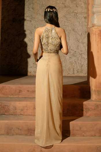 Shop_Silky Bindra_Gold Organza, Georgette, Shantoon Embroidery, Sequins, Kleio Draped Skirt Set _at_Aza_Fashions