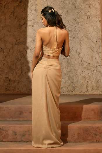 Shop_Silky Bindra_Gold Organza, Georgette, Shantoon Embroidery, Sequins Zeva Draped Skirt Set _at_Aza_Fashions