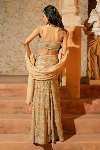 Shop_Silky Bindra_Gold Organza, Shantoon Embroidery, Sequins, Stones, Midas Skirt Set With Stole _at_Aza_Fashions