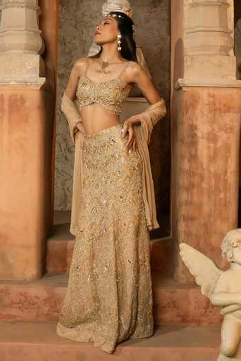 Buy_Silky Bindra_Gold Organza, Shantoon Embroidery, Sequins, Stones, Midas Skirt Set With Stole _Online_at_Aza_Fashions