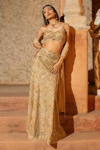 Silky Bindra_Gold Organza, Shantoon Embroidery, Sequins, Stones, Midas Skirt Set With Stole _at_Aza_Fashions