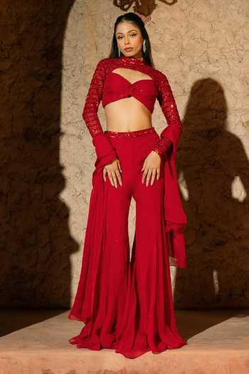 Buy_Silky Bindra_Red Organza, Net, Shantoon Embroidery Sweetheart Eleni Embellished Pant Set _at_Aza_Fashions