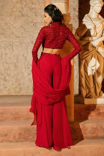 Shop_Silky Bindra_Red Organza, Net, Shantoon Embroidery Sweetheart Eleni Embellished Pant Set _at_Aza_Fashions