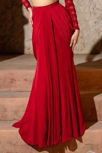 Silky Bindra_Red Crepe, Net, Shantoon Embroidery, Sequins Irina Draped Skirt With Blouse _Online_at_Aza_Fashions