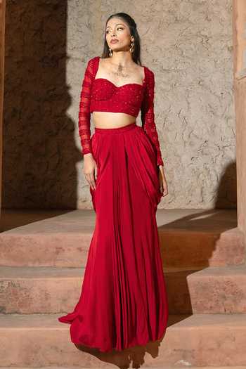 Buy_Silky Bindra_Red Crepe, Net, Shantoon Embroidery, Sequins Irina Draped Skirt With Blouse _Online_at_Aza_Fashions