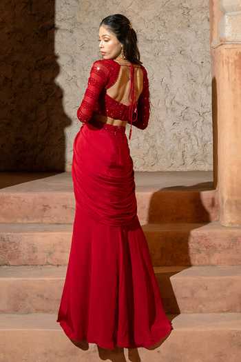 Shop_Silky Bindra_Red Crepe, Net, Shantoon Embroidery, Sequins Irina Draped Skirt With Blouse _at_Aza_Fashions