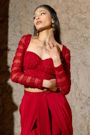 Shop_Silky Bindra_Red Crepe, Net, Shantoon Embroidery, Sequins Irina Draped Skirt With Blouse _Online_at_Aza_Fashions