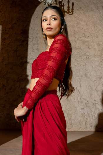 Silky Bindra_Red Crepe, Net, Shantoon Embroidery, Sequins Irina Draped Skirt With Blouse _at_Aza_Fashions