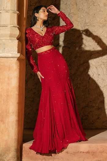 Silky Bindra_Red Organza, Shantoon Embroidery, Sequins Calista Embellished Skirt With Blouse _Online_at_Aza_Fashions