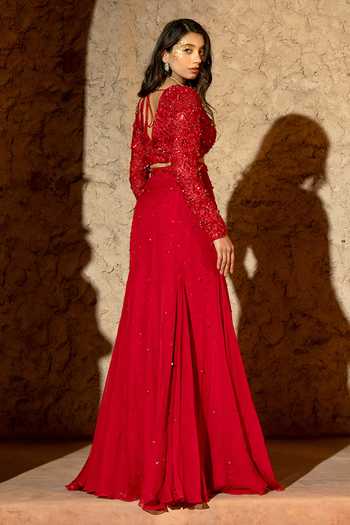 Shop_Silky Bindra_Red Organza, Shantoon Embroidery, Sequins Calista Embellished Skirt With Blouse _at_Aza_Fashions