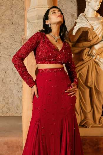 Buy_Silky Bindra_Red Organza, Shantoon Embroidery, Sequins Calista Embellished Skirt With Blouse _Online_at_Aza_Fashions