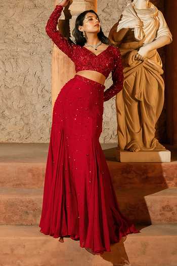 Shop_Silky Bindra_Red Organza, Shantoon Embroidery, Sequins Calista Embellished Skirt With Blouse _Online_at_Aza_Fashions