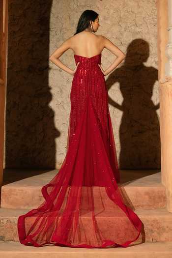 Shop_Silky Bindra_Red Net, Shantoon Embroidery, Sequins Sweetheart Neck Syrena Mix Media Gown _at_Aza_Fashions